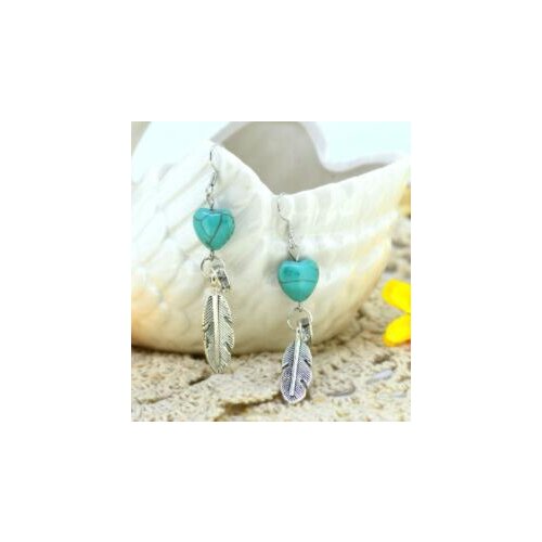 Boho Heart Turquoises Handmade Feathers Dangle Earrings for Women Vintage Tibetan Ethnic Style Hook Earring Statement Jewelry
