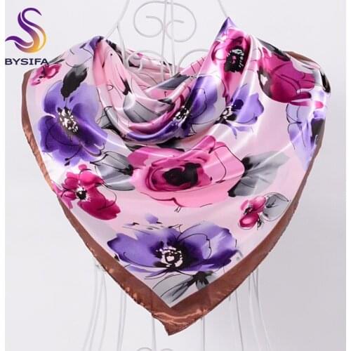 [BYSIFA] Ladies Sweet Pink Purple Square Scarves Autumn Winter Satin Scarves Muslim Headscarves 90*90cm Crepe Satin Silk Scarf