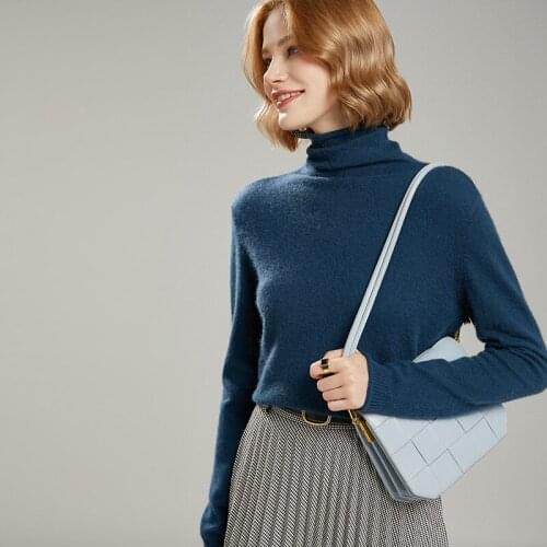2021 woman winter 100% Cashmere sweaters knitted Pullovers jumper Warm Female Turtleneck blouse blue long sleeve clothing