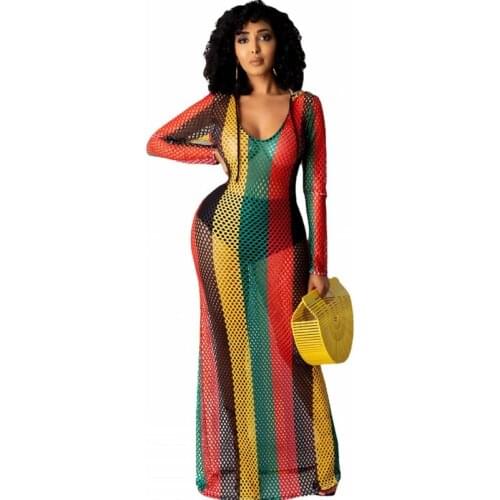 Swimwear Cover Up Women Hooded Colorful Striped One Piece Swimsuit Fashion Sexy Hollow Out Beach Bikini Cover Up Maxi Dress 2021