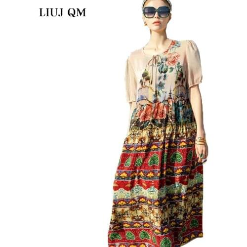 2021 New Summer long Printing Dress O neck Loose Casual Silk Dress For Women Vintage Beach Dresses Short sleeve Large Size 4XL