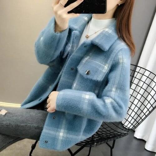 Womens Imitation Mink Short Coat 2021 Spring Autumn Korean Loose Plaid Sweater Cardigan Female Casual Single-Breasted Outerwear