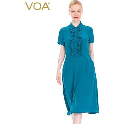 VOA Silk 18m/m Blue Crepe-De-Chine Shirt Collar Single-Breasted Wooden Ear Design High Waist Office Lady Short-Sleeve Dress A30