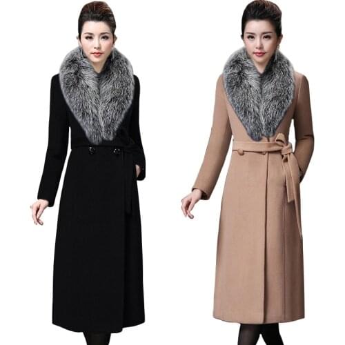 Autumn Winter Womens Wool Blends Coat Fashion Elegant belts Jacket Slim Long Outerwear Warm Big Fur Woolen coat Female 2021 New