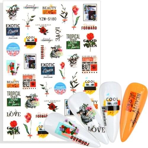 2021 New Stamp Design Leaves Flowers ABC Letter Nail Sticker 3D Geometric Lines Decals Summer DIY Watermarks Slider For Nails