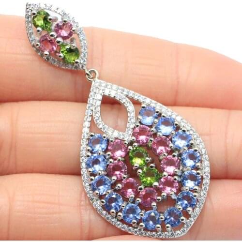 58x26mm Multi Color Long Big Tourmaline Peridot Violet Tanzanite Rhodolite Garnet CZ Party Womans Silver Pendant