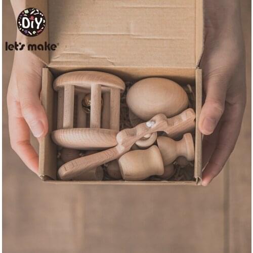 Lets Make 8pcs/set Babys Birthday Beech Wooden Rattle Suit Toys Baby Teether Wooden Doll Baby Gift Products Kids With Box Set