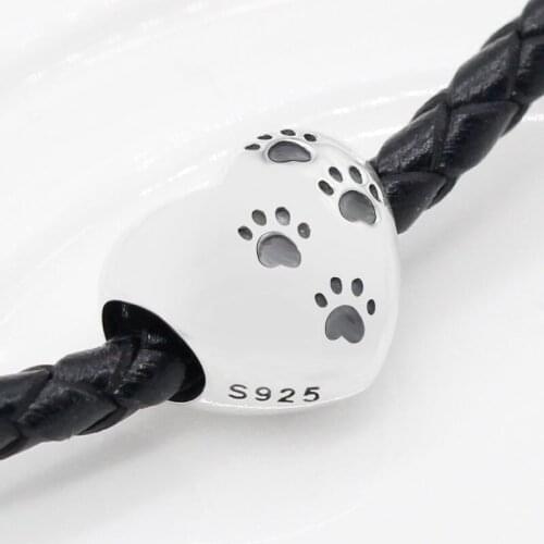 925 Sterling Silver Love Animal Dog Footprints in Heart Shape Beads Fit Original Pandora Bracelet Bangles Women Jewelry