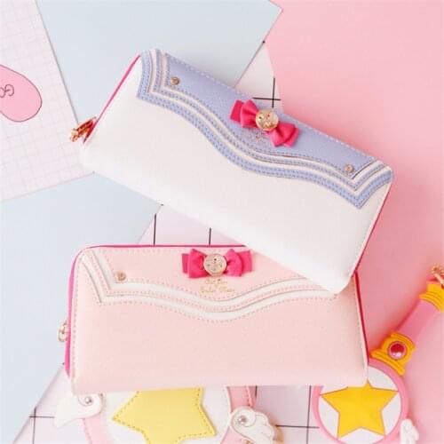 Kawaii Moon Designer PU Leather New Style Long Wallet Female Purses Fashion Zipper Cartoons Pearl Bow Handbag Clutch