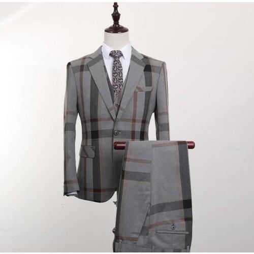 Exclusive style Fashion Grey Plaid 3 PCS Mens Suits Wedding Groom Plus Size Slim Fit Casual Tuxedos Formal Business Suit Male