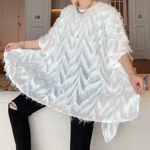 Feather Loose Casual Punk Gothic T Shirt Male Streetwear Hip Hop Men Oversize Translucent Bat Short Sleeve Tshirts Tees Shirts