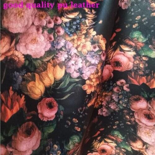 Good 138cm Wide Flower Faux Leather Fabric Flower Printed PU Fabric Synthetic Artificial Leather Material Sewing Diy Clothing