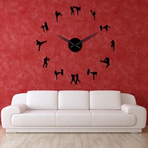 Korean Martial Art Taekwondo Figures DIY Giant Mute Wall Clock Kickboxing Karate Guys Wall Stickers Decorative Large Wall Watch