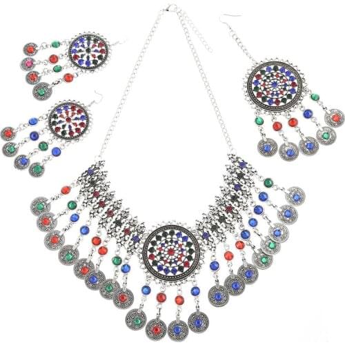 Afghan colorful crystal Head Chains Vintage Earring Choker Statement Coin Tassel Necklaces & earrings Jewelry Sets for Women