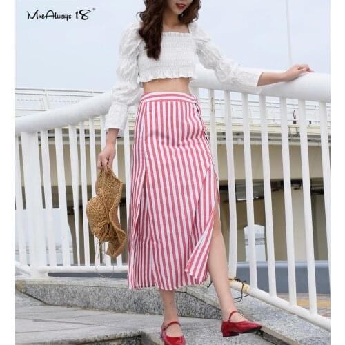 Mnealways18 Casual High Waist Long Striped Skirt Red And White Women Sexy Double Slit Skirt Summer Beach Skirts Cover Up 2020