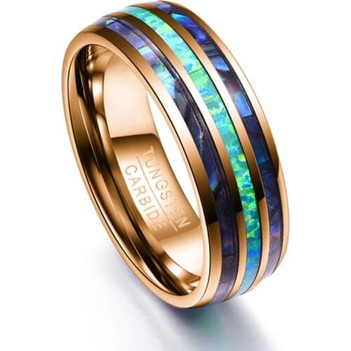 Fashion 8mm Mens Rose Gold Stainless Steel Rings Hawaiian Koa Wood And Abalone Shell Opal Inlay Men Ring Wedding Band Jewelry
