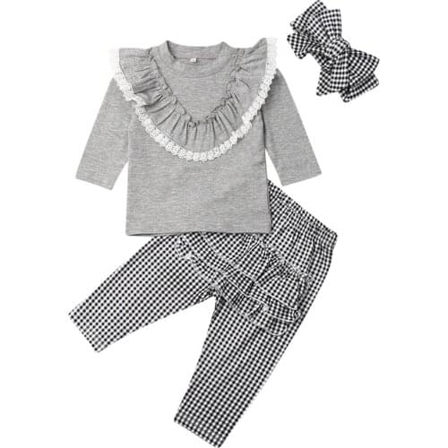 6M-T Toddler Baby Girls Clothes Lace Ruffle Tops+Plaids Leggings Pants Autumn Spring Kids Girls 3Pcs Outfits Set Tracksuit