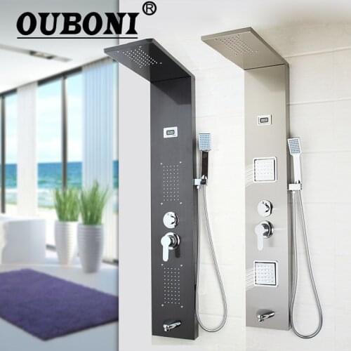 OUBONI Dark gray Shower Column Bathroom Wall Mounted One Handle +Hand shower+Tub Spout+Massage System Shower Panel