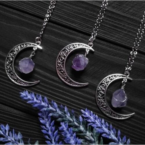 Crescent Moon With Amethyst Pendant Necklace Gothic Magic Witch Jewelry