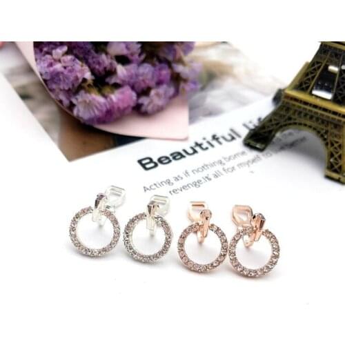 Grace Jun Full Rhinestone Hollow-out Circle Clip on Earrings Without Piercing for Women Party Pom Charm No Pierced Earrings New