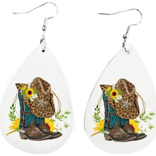 Earrings Western Boots with Cowboy Hat Teal Leopar Faux Leather Earrings Glitter Teardrop Leaf Earrings Fall Earrings