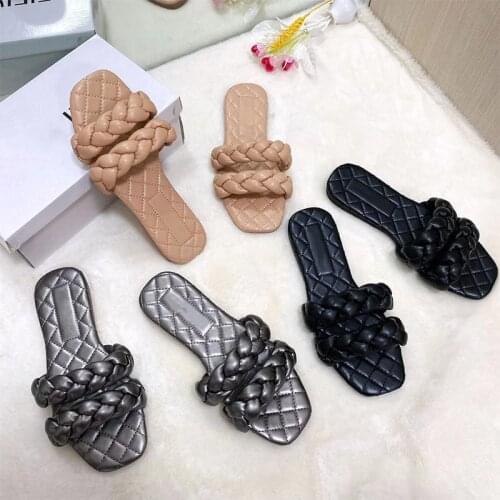 2021 New Summer Women Flat Slippers Fashion Weaving Slides Women Slip On Open Toe Beach Slides For Girls Casual Ladies Footwear
