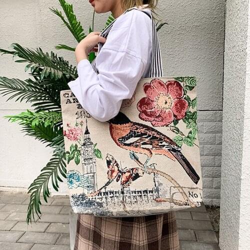 Ethnic Style Ladies Canvas Tote Bag Reusable Shopping Bag Foldable Women Bags Fashion Handbag Printing Shoulder Bag