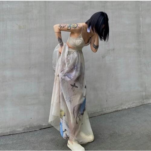 The beauty coming out of the oil painting halter suspender skirt dress vest high waist long skirt female summer new 2021