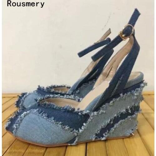 2017 fashion queen Denim patchwork heels Sandals shoes fish mouth buckle strap classics casual wedges womens shoes big size 43