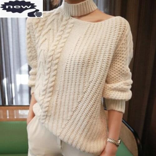 Women White Hollow Out Pullover Tops Turtleneck Knitted Weave Sweater Korean Style Casual Long Sleeve Jumper Pull Femme