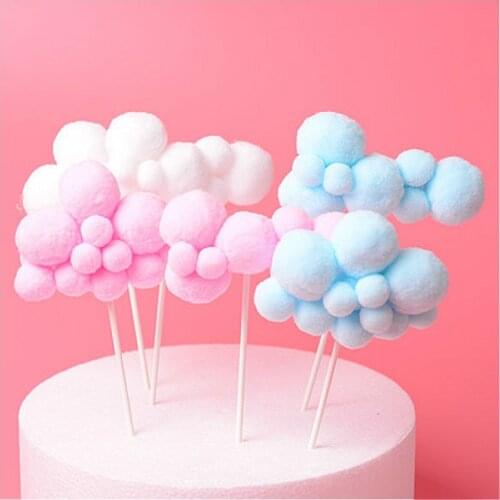 1PC Pink Blue Soft Pompom Cloud Cake Topper Happy Birthday Party DIY Cake Top Flags Decoration For Cake Topper Festival New Year