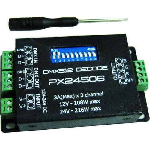 3 Channel 3A/CH DMX512 Decoder Driver PX24506 Led RGB Strip Light DMX 512 Led Controller Signal Repeater 12V 24V DC