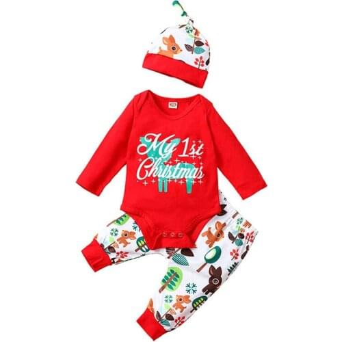 3Pcs/set Baby Boy Girl My 1st Christmas Outfits Toddler Winter Red Deer Print Romper Trouser Hat Costume Clothes for 1 Year Bebe