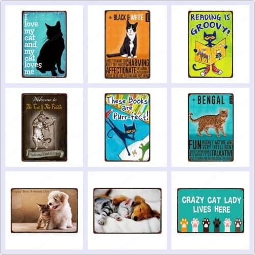 Crazy Cat Lady Lives Here Retro Plaque Black Cat Metal Tin Signs Bar Cafe Home Wall Decor Bengal Vintage Metal Art Poster N359