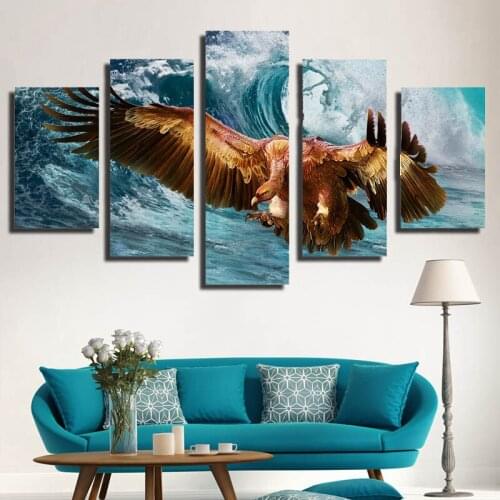 Photo Canvas Decoration Modular Tableau Frame Painting 5 PiecesPcs Sea Of Wave Eagle Art Print Live Wall Poster HD Picture