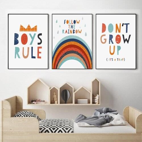 Home Decorative No Frame Boho Style Boys Rule Rainbow Baby Nursery Decor Canvas Paintings Wall Art Pictures for Kids Room