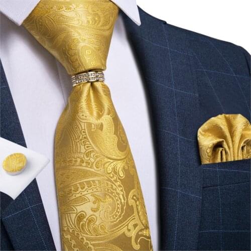 DiBanGu Mens Silk Wedding Tie Yellow Solid Paisley Designer Necktie For Men Necktie Ring Hanky Cufflinks Set Business Party