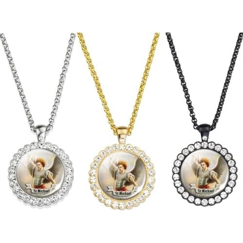 Virgen Maria Figura Jesus Pendant Necklace Golden Silver Black Christian Cubic Zircon Necklace Glass Round Gift