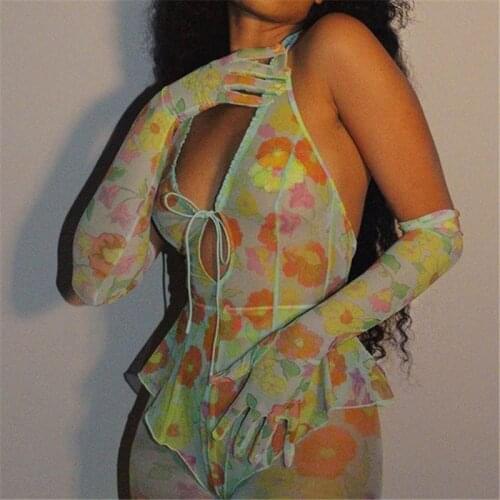 Summer Beach Style Sexy Halter V-Neck Sleeveless Bodysuit Romper Fashion Floral Print Mesh Bodycon Hollow Swimsuit Body Outfits