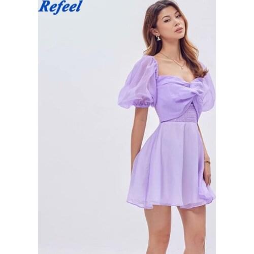 Linjiashop fashion women dress purple elegant party front knot sexy v neck short sleeve summer mini dress