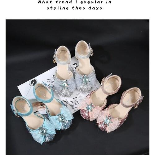 2021 New Childrens High Heels Baby Princess Shoes Crystal Girls Fashion Cute Toes-capped Sandals Shoes Sweet Bow-knot Sequined