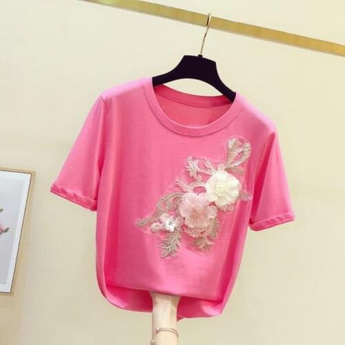 2020 Summer New Three-Dimensional Flower Embroidery Fashion Womens Short Sleeve T-shirt Female Top T Shirt Tees Students Tshirt