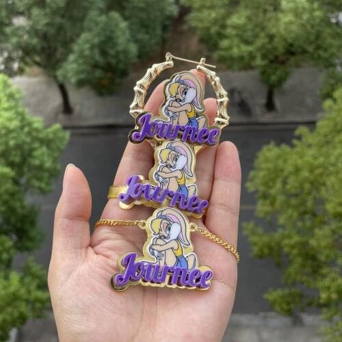 Personalised Custom Name Cartoon Character Necklace Kids Bamboo Earrings Cartoon Bracelet Children Jewelry Set