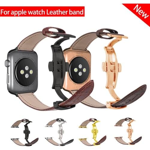 For Apple Watch Band Genuine Leather Strap for Apple Watch 6 5 4 3 SE Butterfly Clasp Strap IWatch 44mm 40mm 42mm 38mmm Bracelet