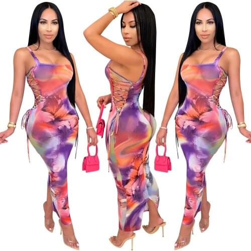 Sexy Bandage Mesh Dress Women Sleeveless Lace Up Long Dresses Night Party Clubwear Mesh Perspective Hollow Out Bottom Slit Dress