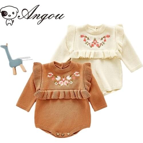 Angou Spring&Autumn Newborn Baby Girls Embroidered Long Sleeves Flower Rompers Jumpsuit Sweater Toddler Baby Knitting Clothes