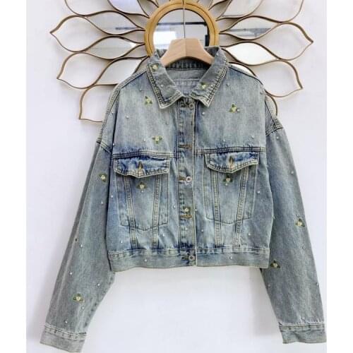 2021 autumn new flower embroidery denim long-sleeved jacket womens fashion diamond-studded short style washed denim clip gram