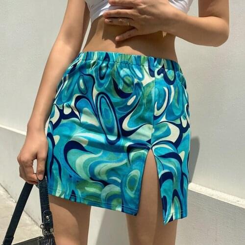 Vintage Tie Dye Printed Mini Skirts Women 2021 Summer Sexy Split A-Line Aesthetics High Waist Green Y2K Skirts 90S Saias Longas