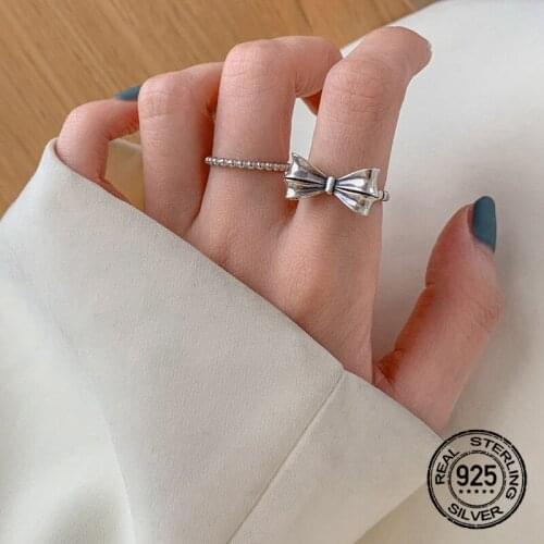 Bowknot Rings Opening Adjustable S925 Silver For Women Korean Punk Hip Hop New Trendy Lady Fine Jewelry Present Wholsale INEFFA