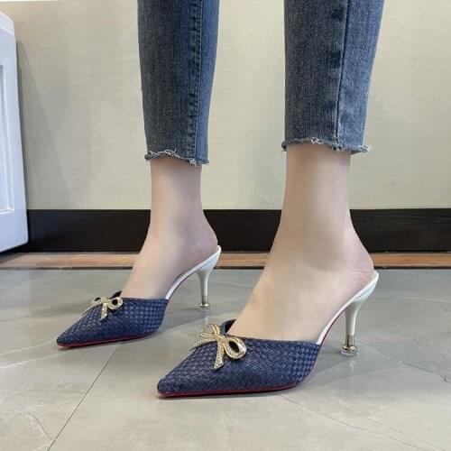 2021 Shoes Thin Heels Pu Cover Toe Ladies' Slippers Luxury Slides Slipers Women Shallow High Heeled Mules Pointed Designer